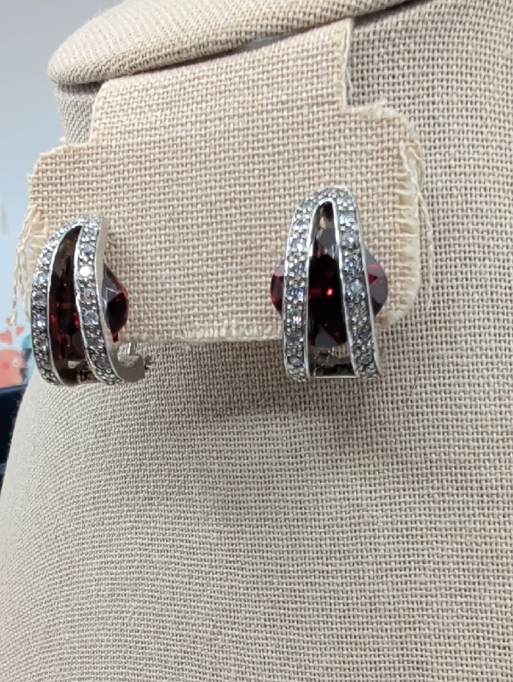 Vintage 925 Sterling Silver Garnet Half Hoop Lever Back Earrings - Picture 8 of 17